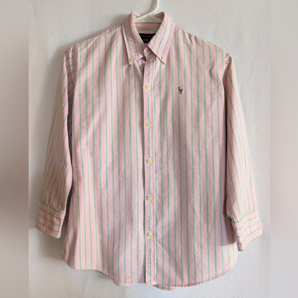 Ralph Lauren Woman's XS Button Down Shirt Pink Green Slim Fit Fitted Cotton